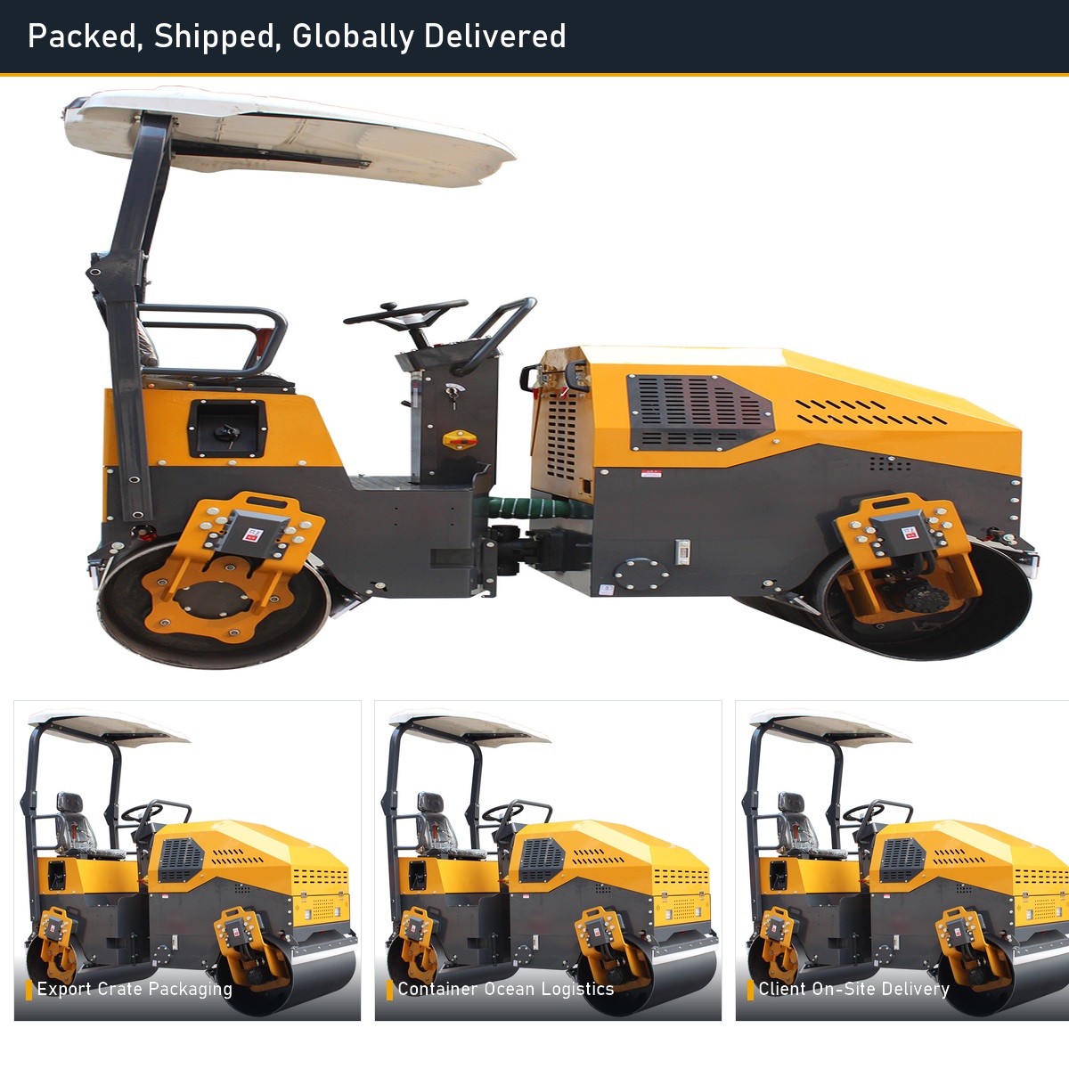 LHD-YL1100 EPA road roller packed and loaded for export delivery