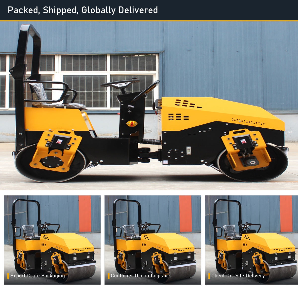 LHD-YL900 road roller packed and loaded for export delivery