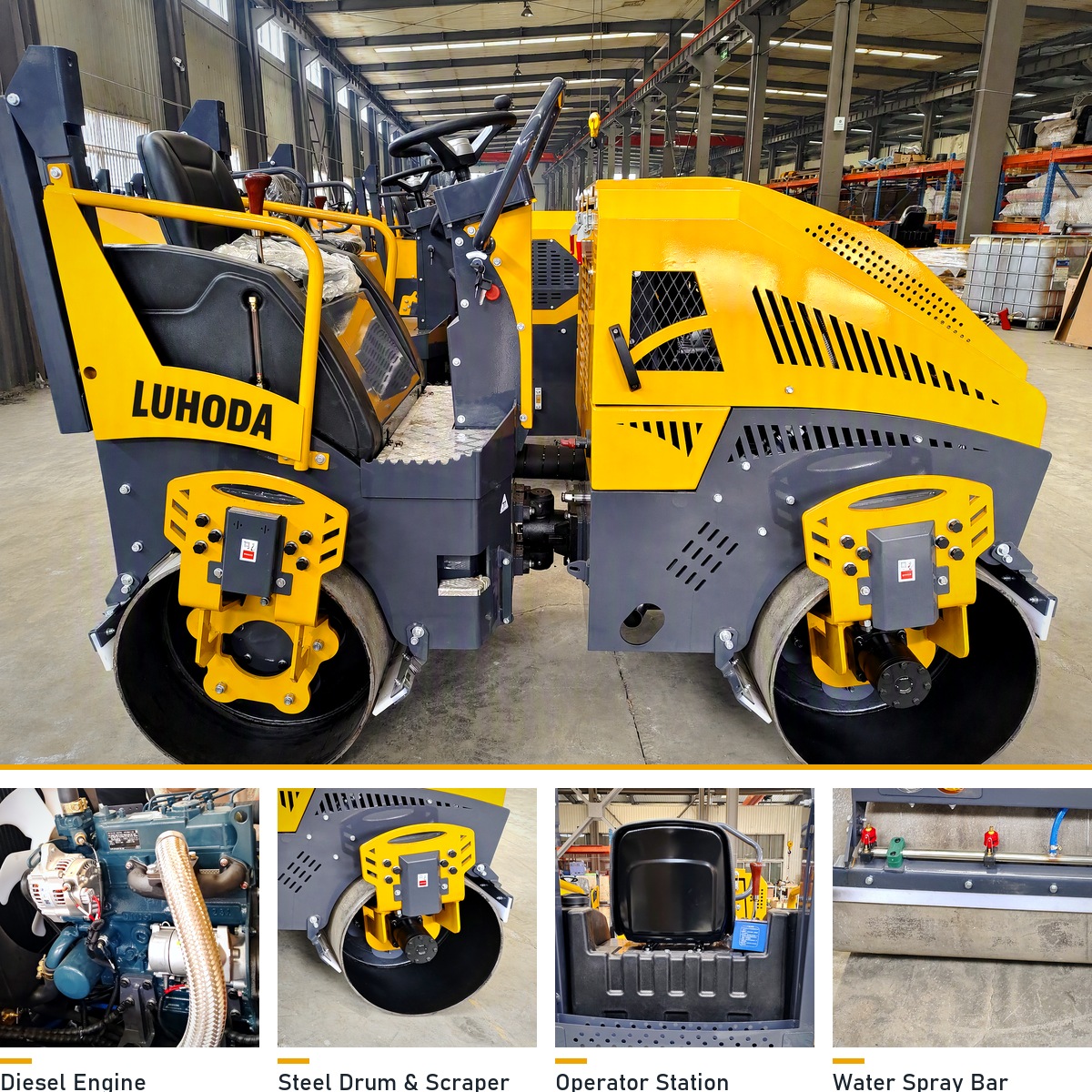 LHD-YL800S ride-on road roller side view with four real close-ups: diesel engine, steel drum and scraper, operator station, water spray bar