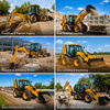 Six working scenes of the LHD-388H backhoe loader: trench digging, material handling, foundation excavation, site levelling, road construction and municipal utility networks