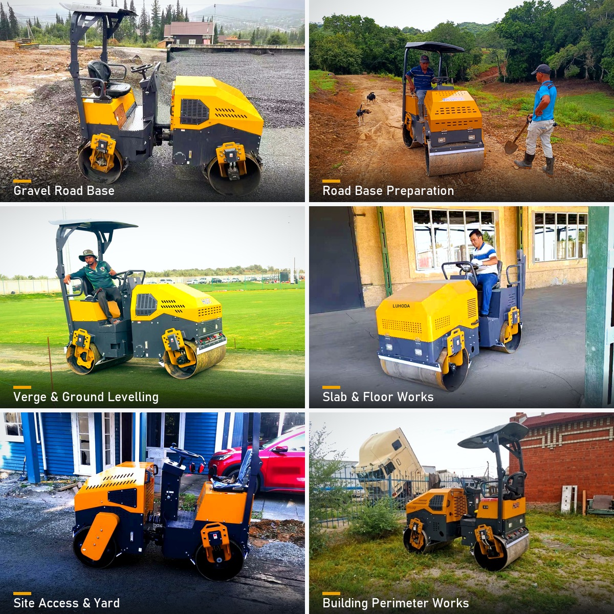 Six real working scenes of the LHD-YL800S ride-on road roller: gravel road base, road base preparation, verge and ground levelling, slab and floor works, site access and yard, building perimeter works