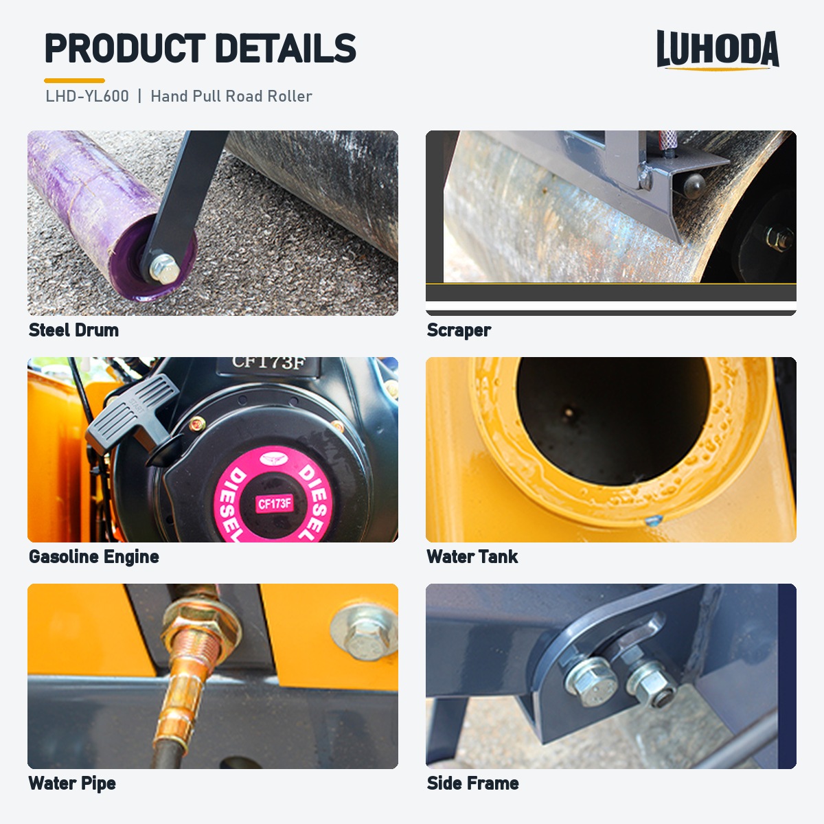 Steel drum, scraper, engine, water tank, water pipe and side frame details of the LHD-YL600