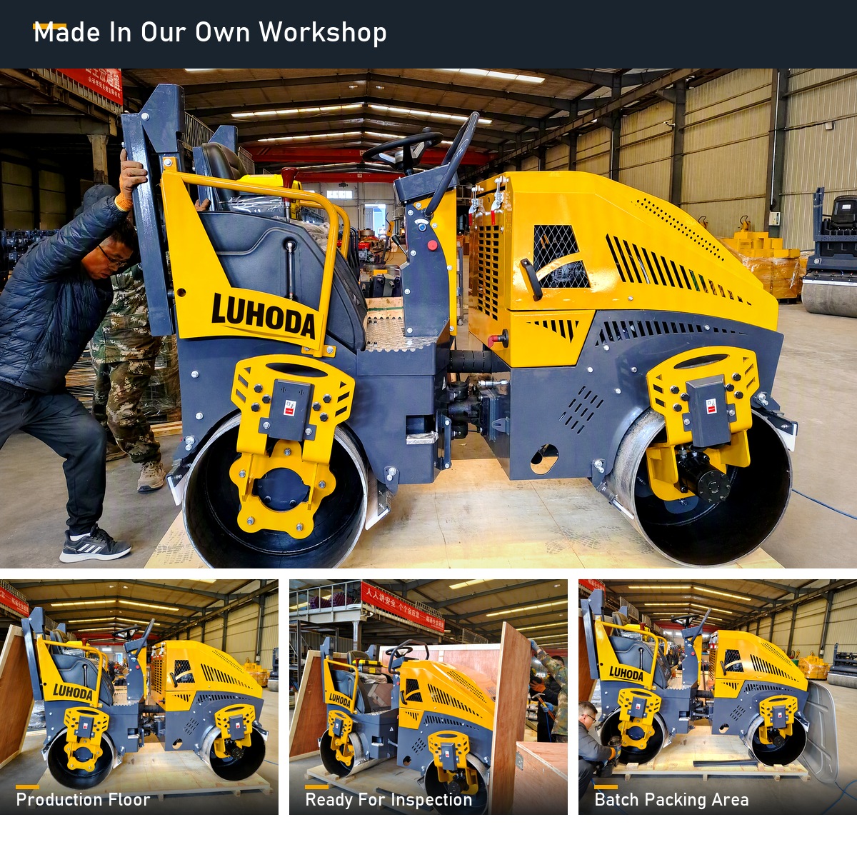 LHD-YL800S ride-on road roller complete on the production floor of the Luhongda workshop, with machines ready for inspection and the batch packing area