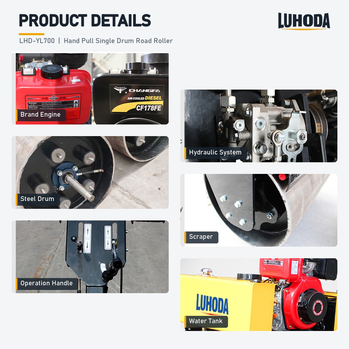 Brand engine, hydraulic system, steel drum, scraper, operation handle and water tank details of the LHD-YL700 roller