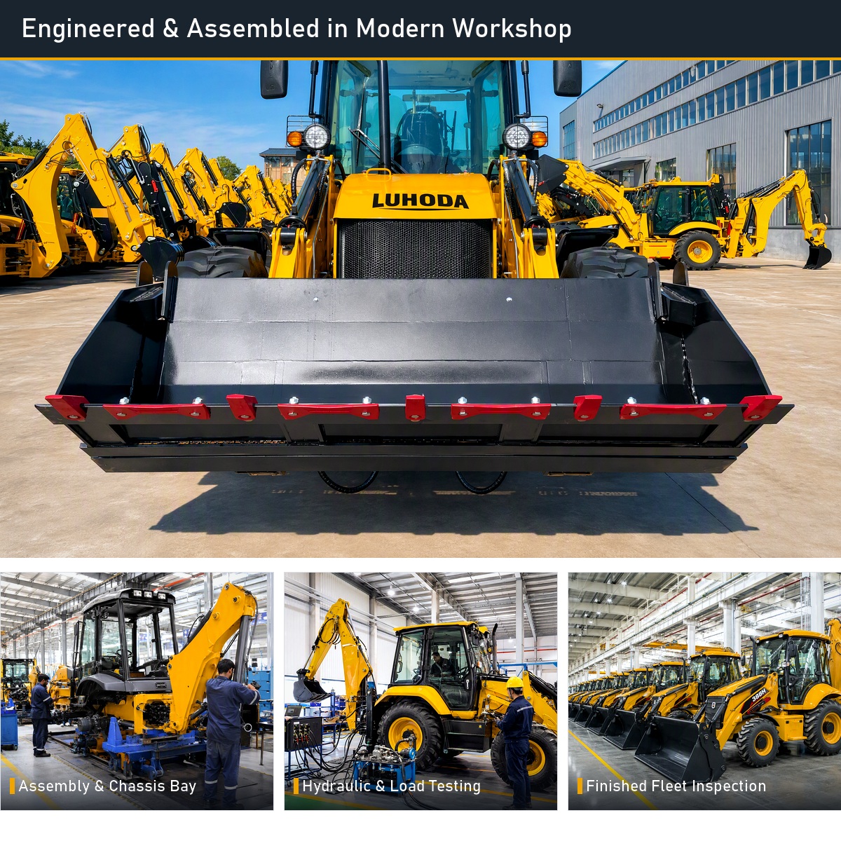 LHD-388H backhoe loaders in a row on the factory yard, with the assembly workshop, hydraulic testing and finished-machine inspection