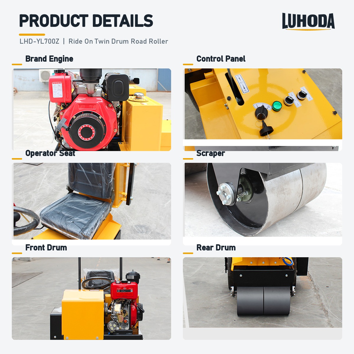 Brand engine, control panel, operator seat, scraper, front drum and rear drum details of the LHD-YL700Z roller