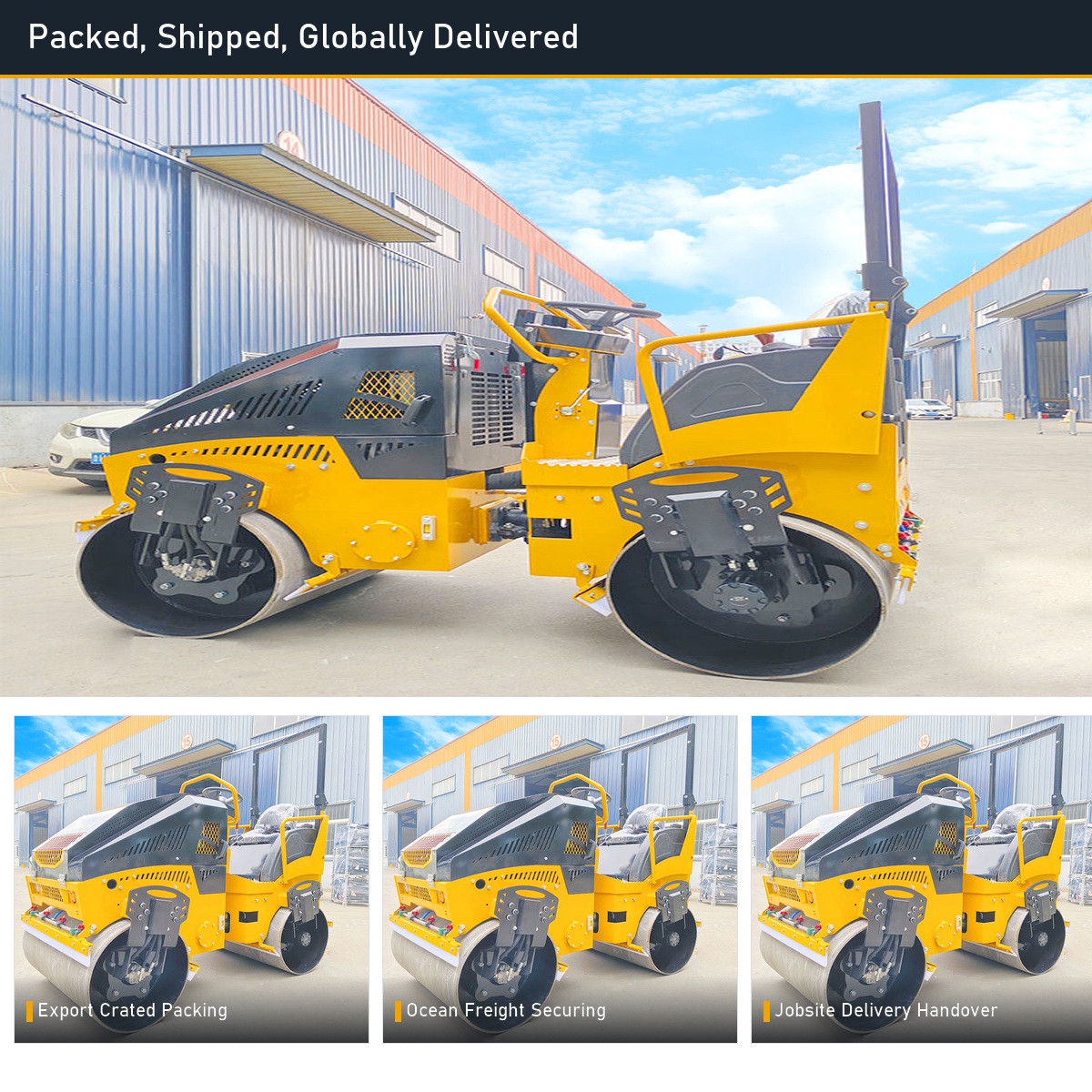 LHD-YL1100Plus road roller packed and loaded for export delivery