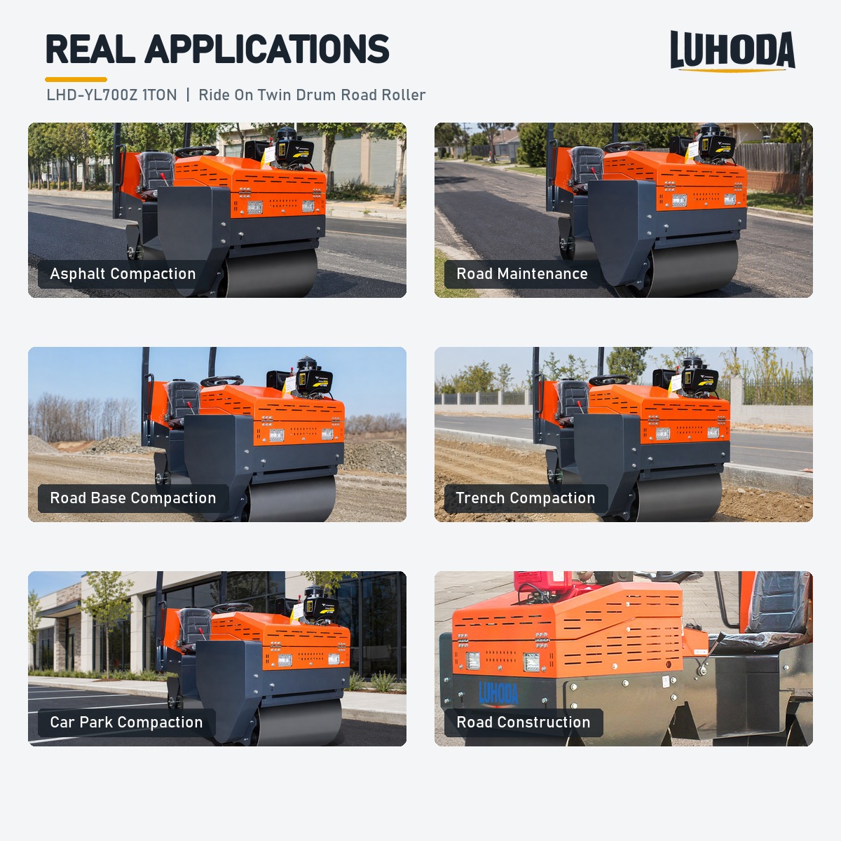 LHD-YL700Z 1ton ride on roller compacting asphalt, road base, trench backfill and car park surfaces