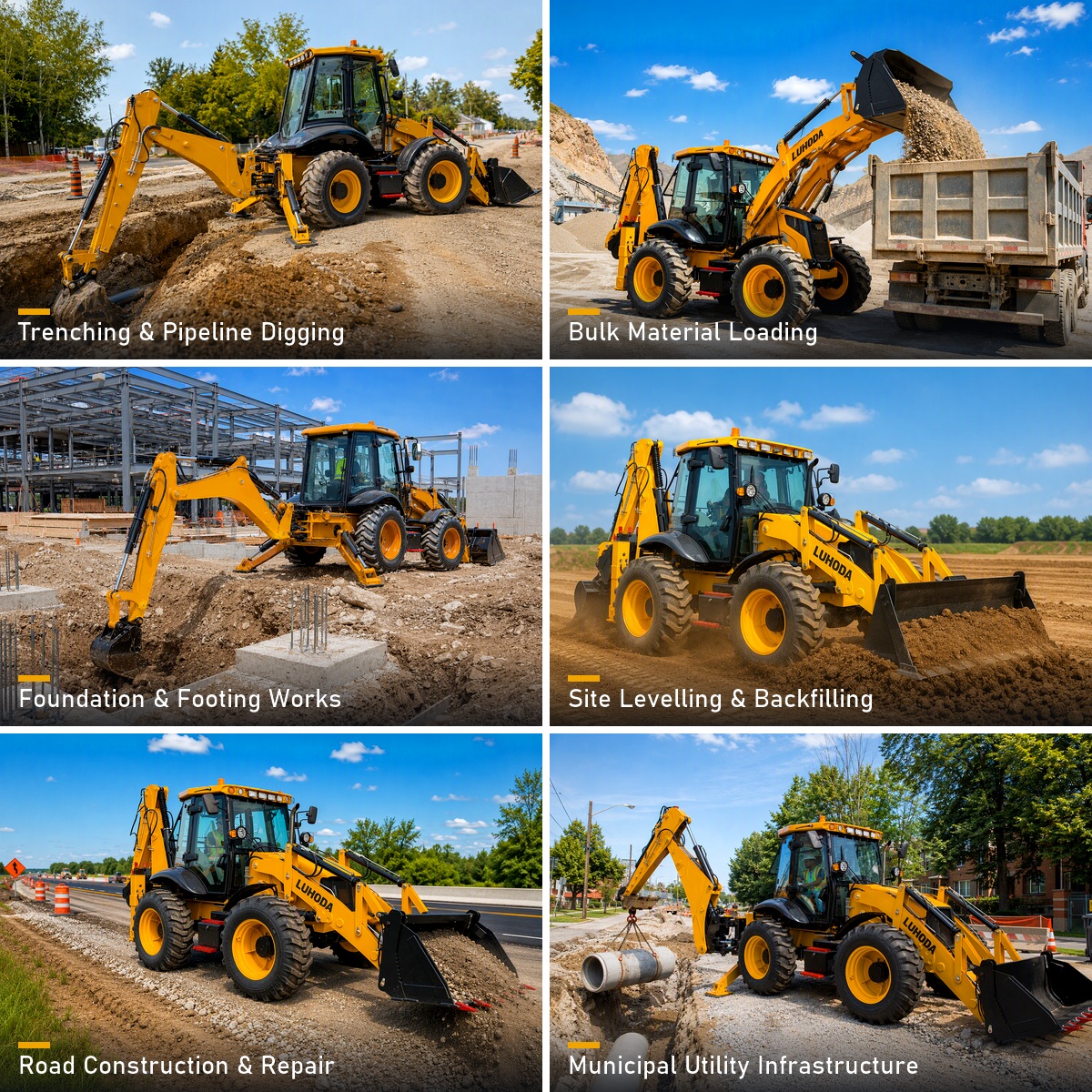 Six working scenes of the LHD-388H backhoe loader: trench digging, material handling, foundation excavation, site levelling, road construction and municipal utility networks