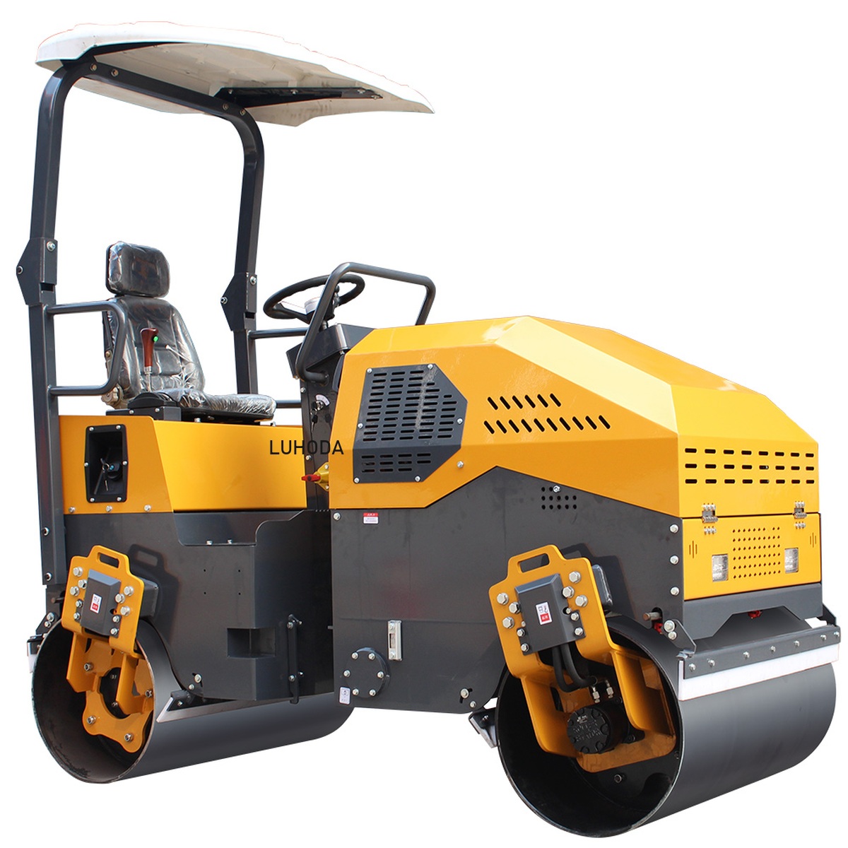 LHD-YL1100 EPA 1100mm ride-on tandem vibratory road roller with canopy and LUHODA branding, full machine in three-quarter view