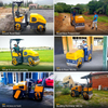 Six real working scenes of the LHD-YL800S ride-on road roller: gravel road base, road base preparation, verge and ground levelling, slab and floor works, site access and yard, building perimeter works
