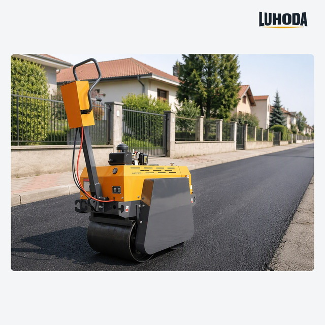 LHD-YLS600 hand pull double drum road roller compacting a new asphalt surface on a residential street