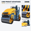 LHD-YL1200 tandem road roller with close-ups of its hydraulic drive, steel drum structure and operator platform