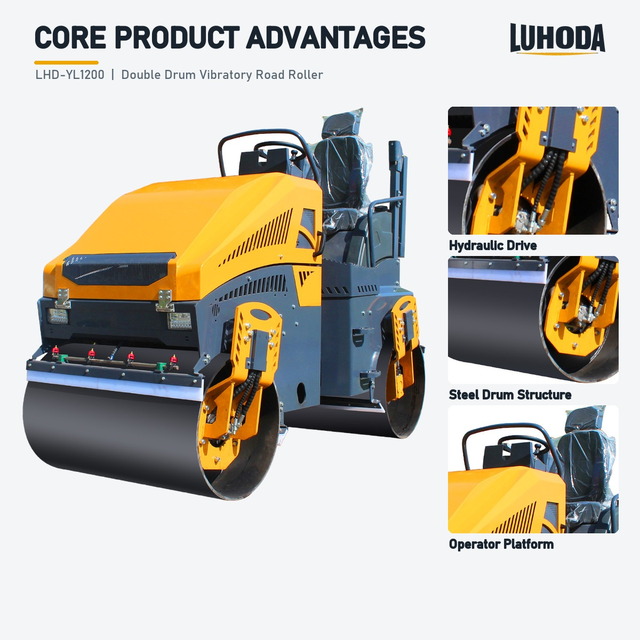 LHD-YL1200 tandem road roller with close-ups of its hydraulic drive, steel drum structure and operator platform