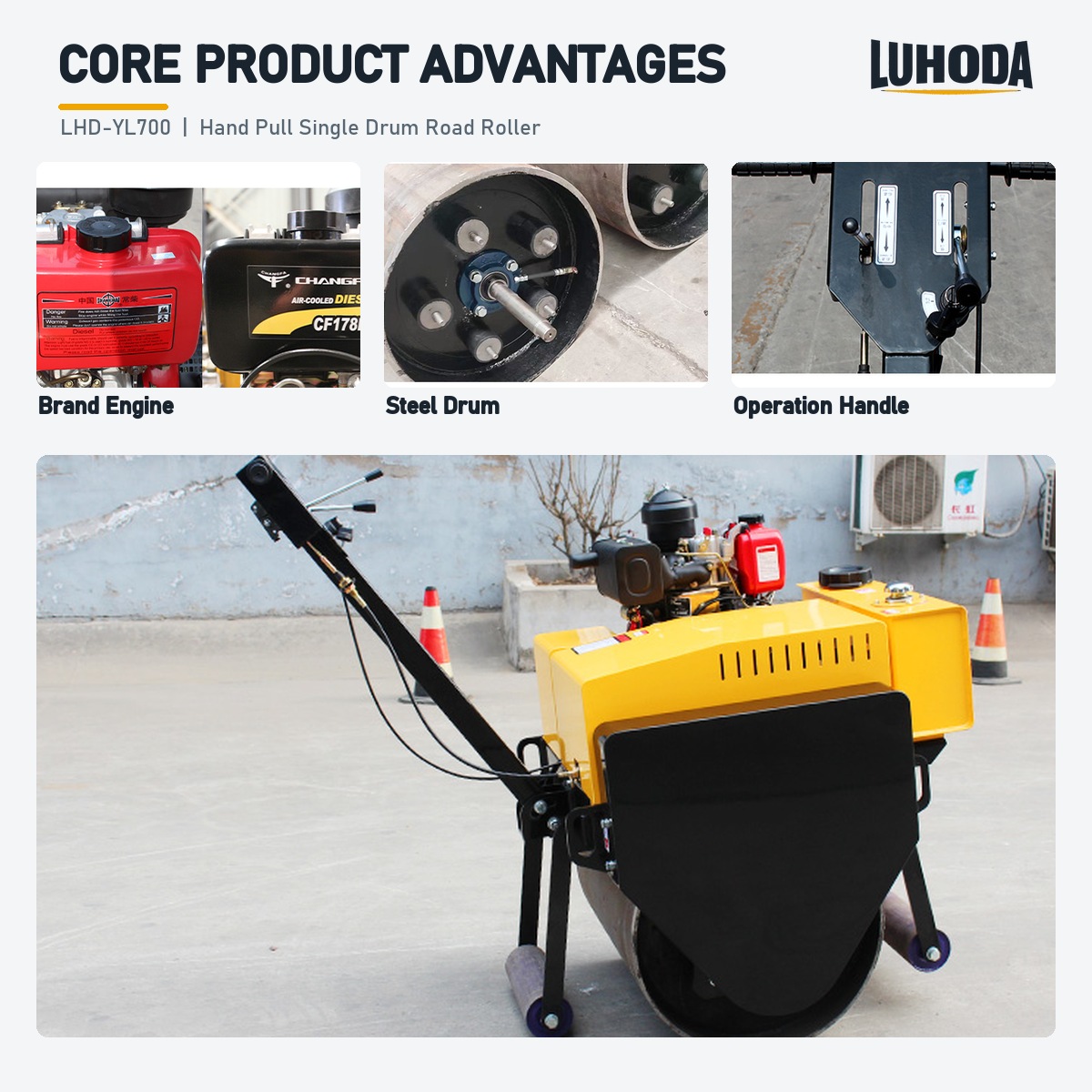 Brand engine, steel drum and operation handle of the LHD-YL700 hand pull road roller