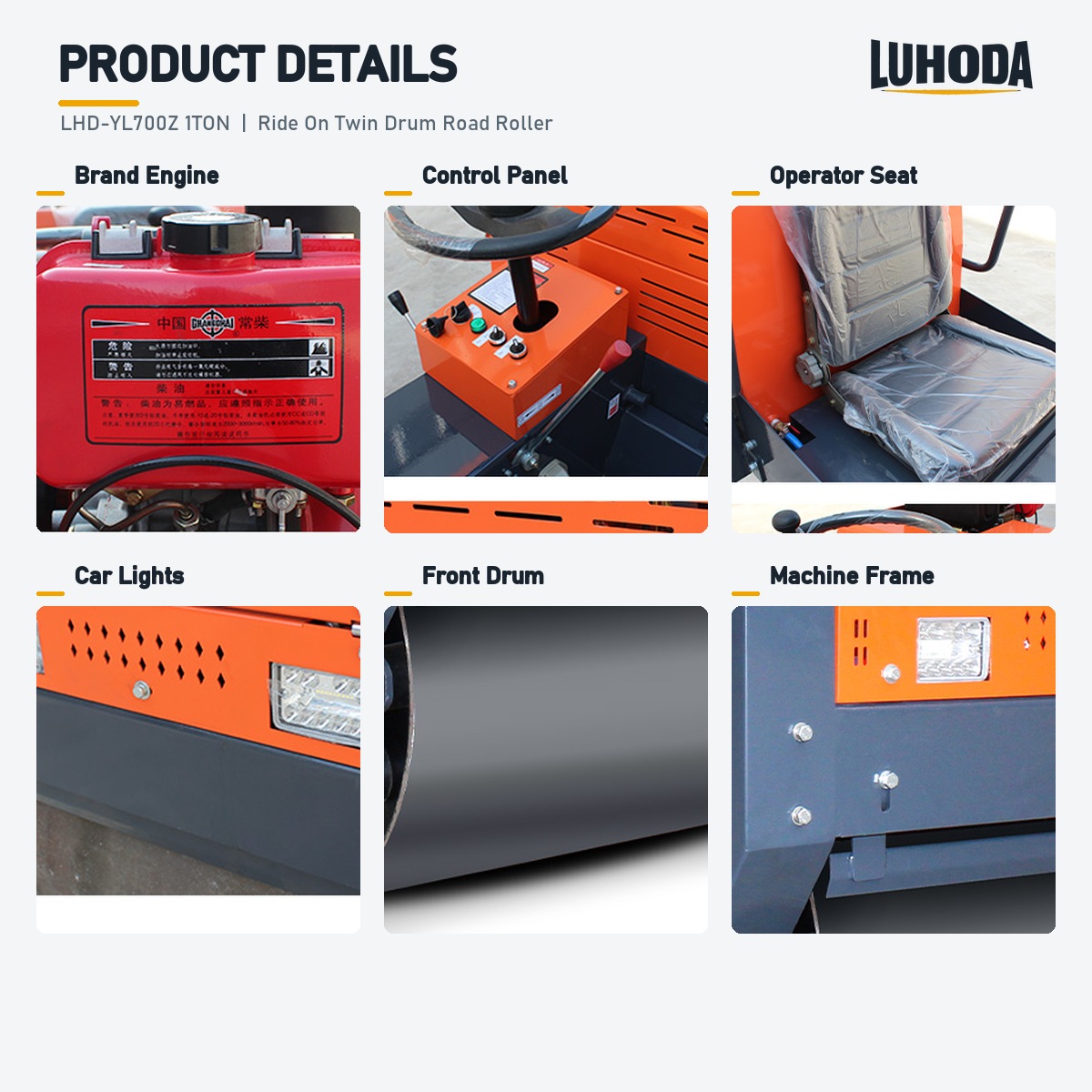 Brand engine, control panel, operator seat, car lights, front drum and machine frame details of the LHD-YL700Z 1ton roller