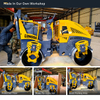 LHD-YL800S ride-on road roller complete on the production floor of the Luhongda workshop, with machines ready for inspection and the batch packing area