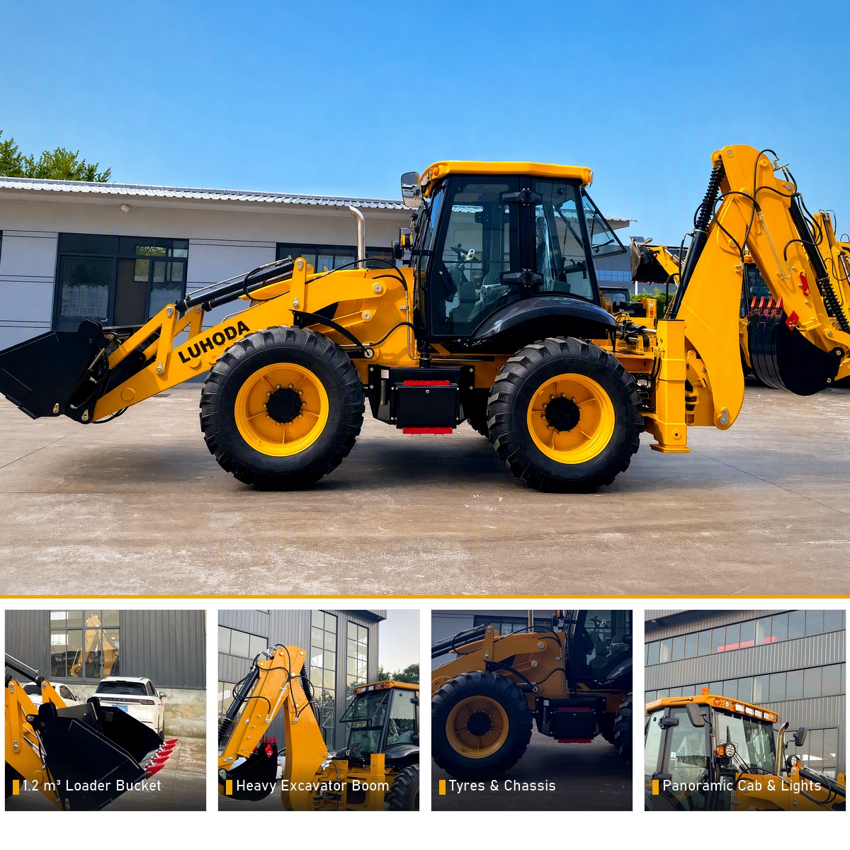 LHD-388H backhoe loader side view with close-ups of the front bucket, excavator boom, tyres and chassis, and panoramic cab